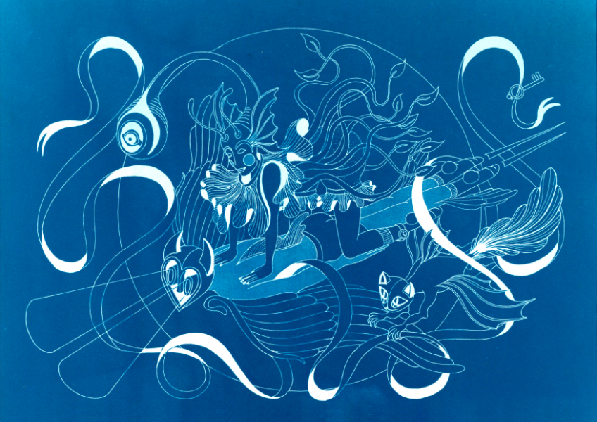 flight to masażistan – cyanotype