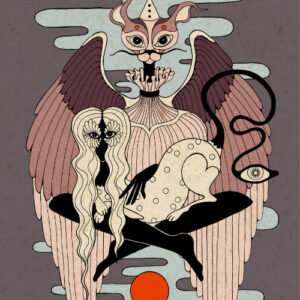 crazy cat person in the centre of cosmic balance