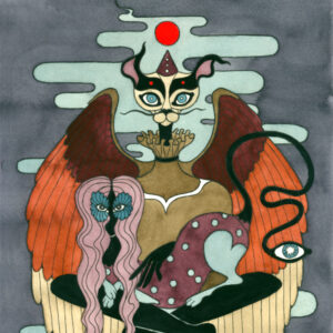 crazy cat person in the centre of cosmic balance